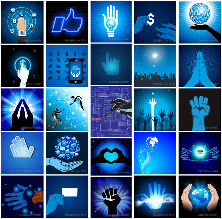 A0125矢量AI设计素材 25张科技风格手掌手势剪影触控点赞商务背景