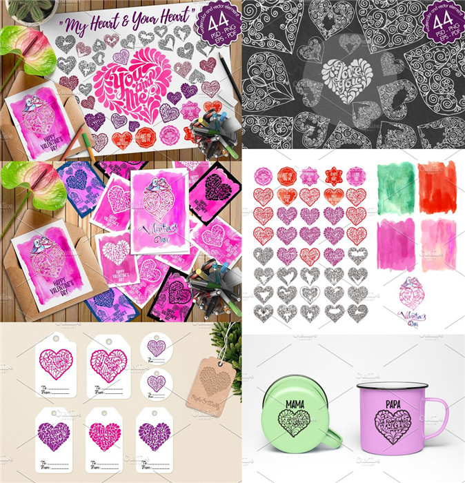 [634]AI矢量设计素材 40个水彩手绘爱心插画婚礼情人节logo含png