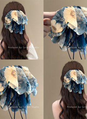 秘韵生花~复古蓝色花朵马尾夹高级感森系飘带半扎发抓夹旅行发卡