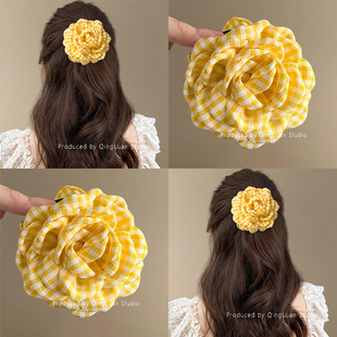 欧尼的黄玫瑰~韩系格纹花朵抓夹高级感鲨鱼夹精致半扎发夹盘发器
