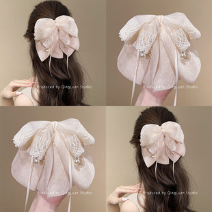 云纱梦蝶~法式蝴蝶结飘带马尾夹气质蕾丝边半扎发抓夹旅行发卡