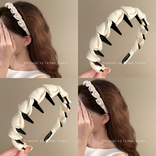 素缎缓光~温柔米白色缎面发箍纯色简约气质带齿洗脸头箍旅行发卡