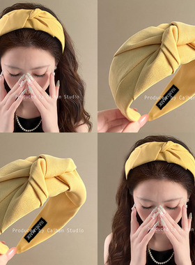休憩浪漫~韩版气质黄色交叉发箍高颅顶法式秋冬宽边头箍旅行发卡