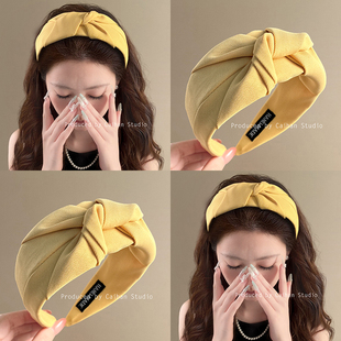 休憩浪漫~韩版气质黄色交叉发箍高颅顶法式秋冬宽边头箍旅行发卡