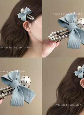 谬系波点~蝴蝶结仿珍珠碎钻发夹精致侧边碎发夹一字夹旅行发卡