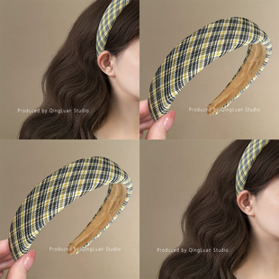 盐渍柠檬~韩国显白黄色格纹发箍女2025新款学院风高颅顶头箍盘发