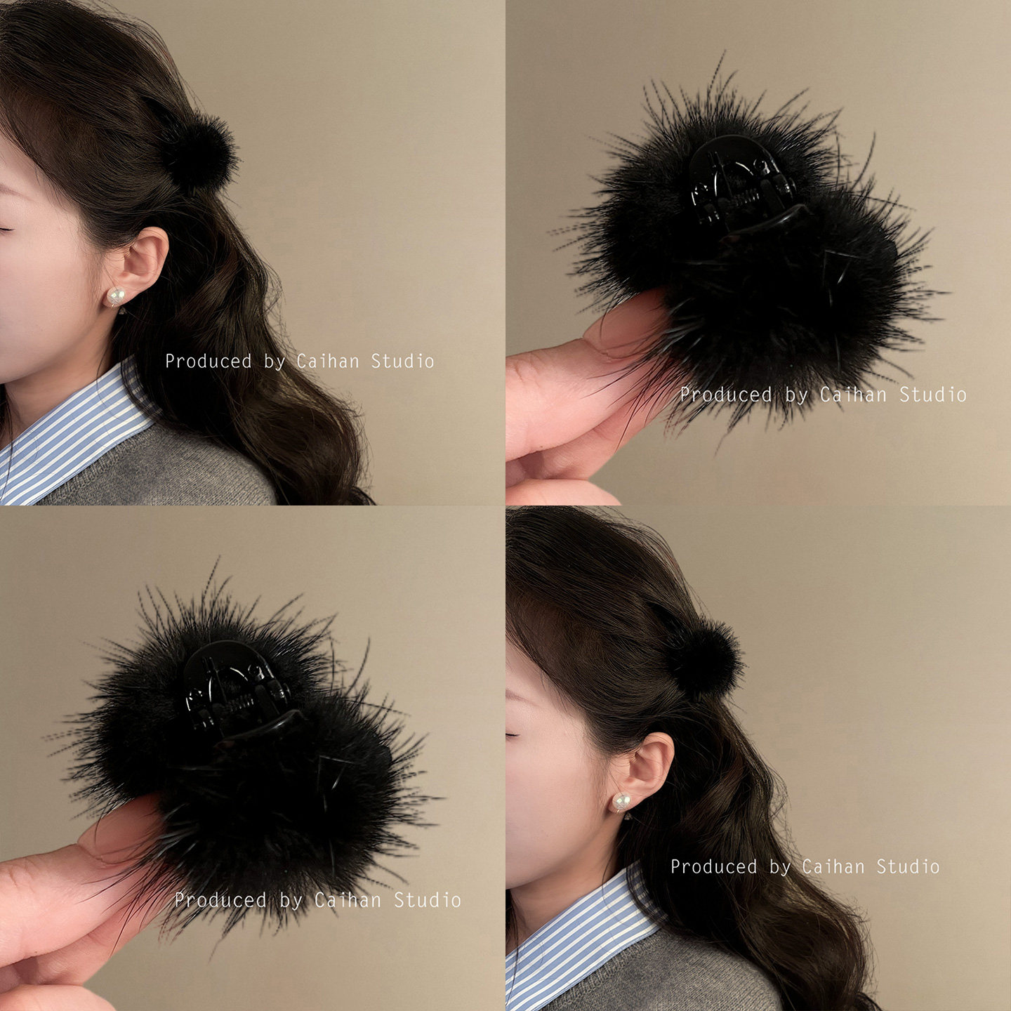 丹麦童话~气质黑色毛球小抓夹秋冬法式气质百搭发夹新款旅行发卡