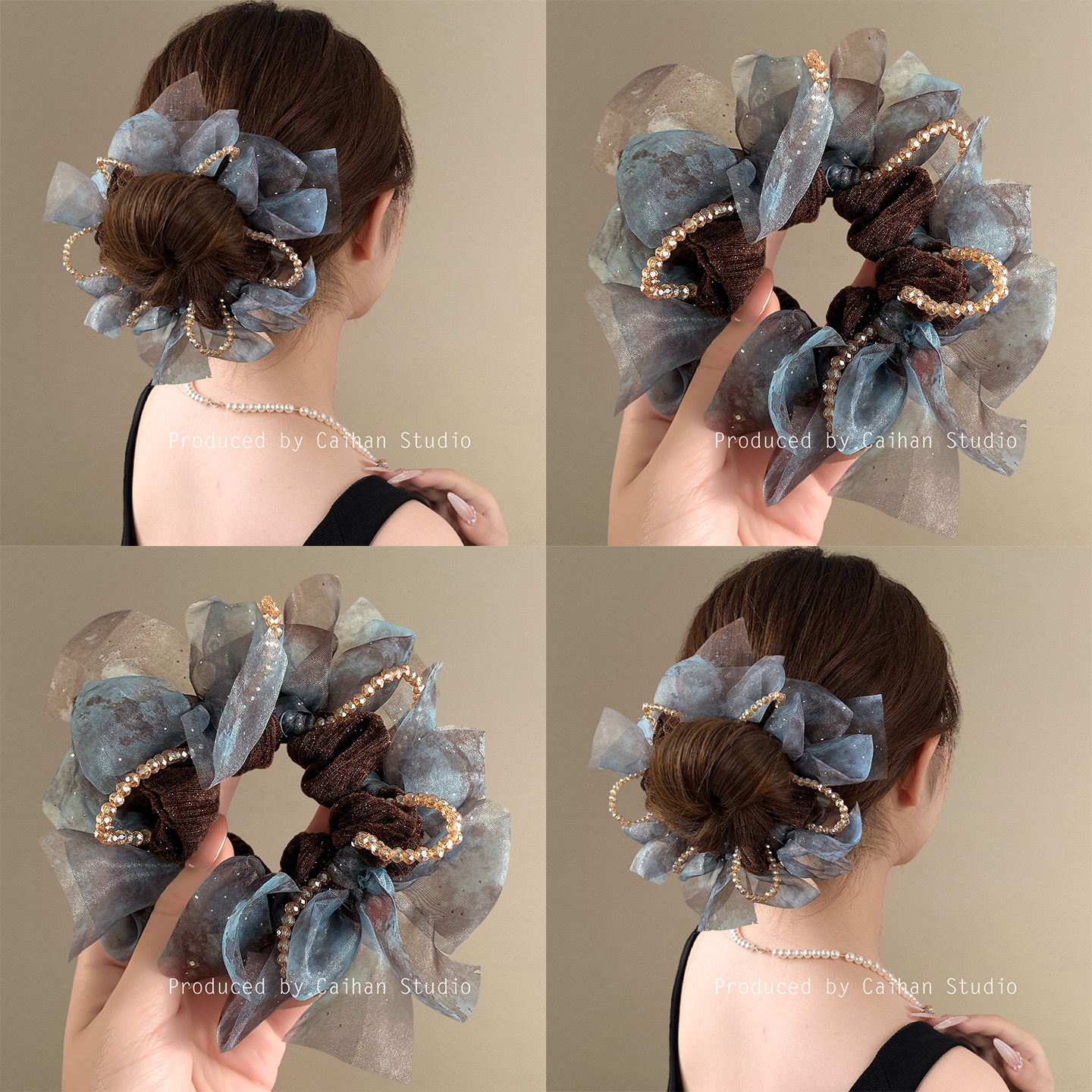 星雾朦胧~蓝色网纱蝴蝶结发圈新款轻奢法式串珠丝绒发绳头花头饰,饰品/流行首饰/时尚饰品新,发饰,淘宝优惠券,粉丝福利购,淘宝优惠卷