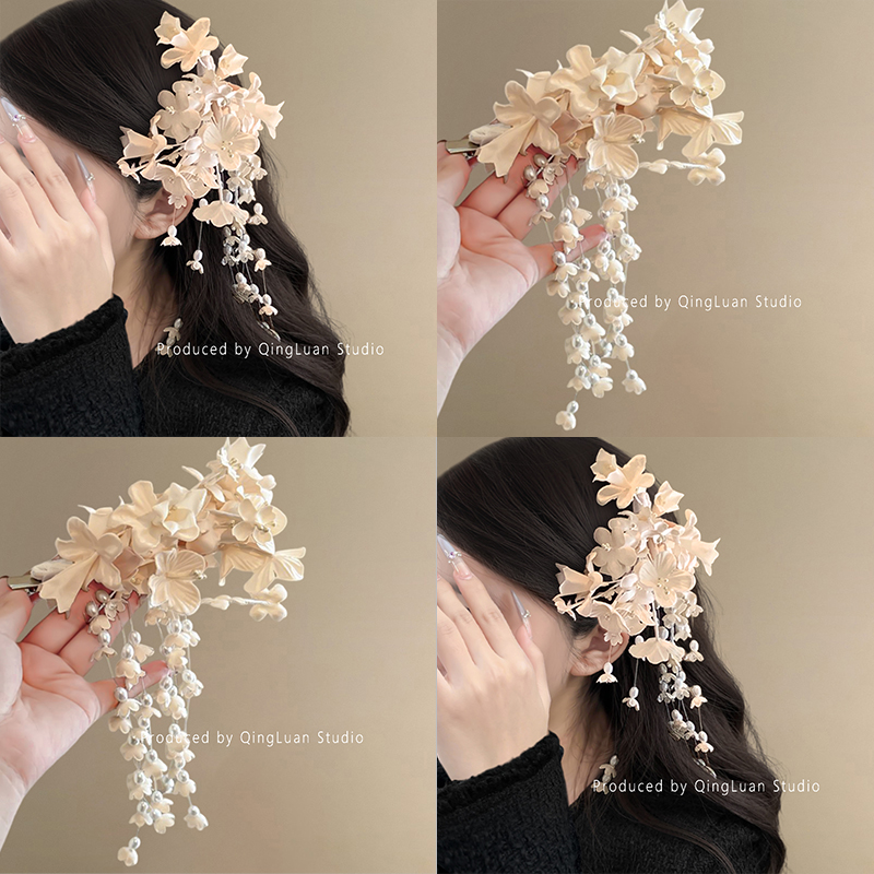 栀子铃兰~超仙法式花朵流苏发夹复古夸张小众中式侧边夹ins旅行夹