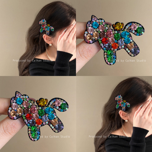 星愿天马~韩版炫彩小马水钻发夹马年本命年边夹女侧边高级感发饰