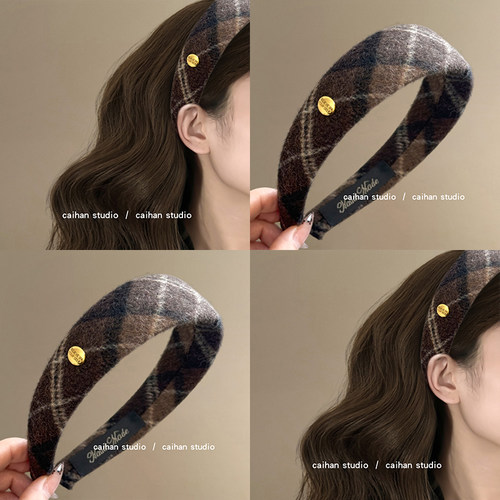 炭烧咖啡~复古毛呢格纹发箍