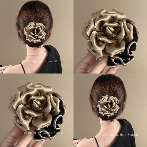 流光倚梦~法式缎面金山茶花发圈