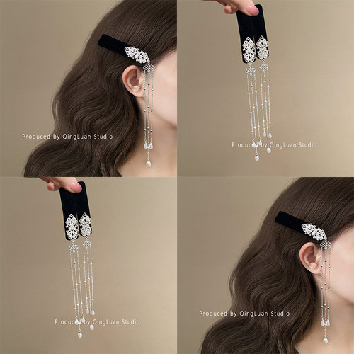 银色山泉~仿珍珠流苏发夹蒙古风