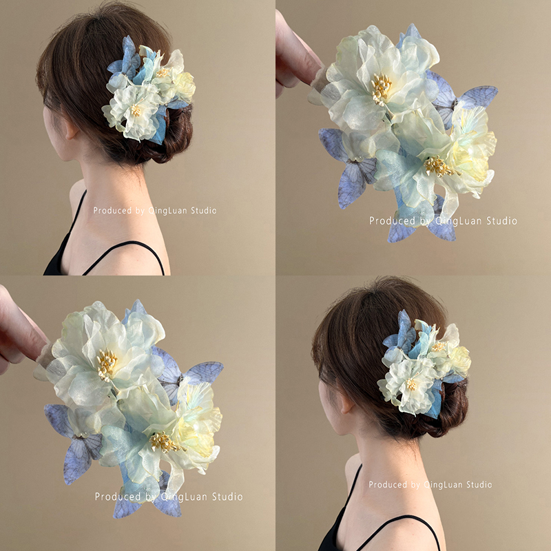 春涧蓝鸢~梦幻烫花花朵发夹超仙