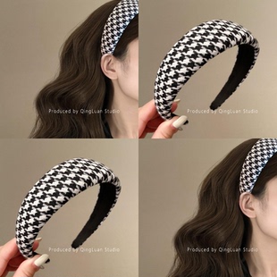 时尚秀场~经典千鸟格发箍女2024新款高颅顶头箍海绵宽边旅行发卡