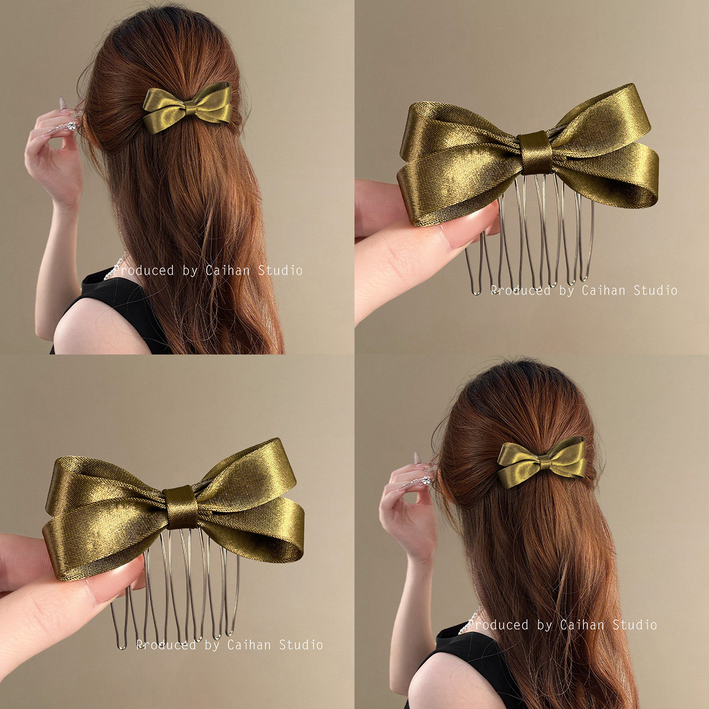 香缇贵女~复古缎面蝴蝶结插梳高级感芥末绿倒插梳发夹后脑勺发饰