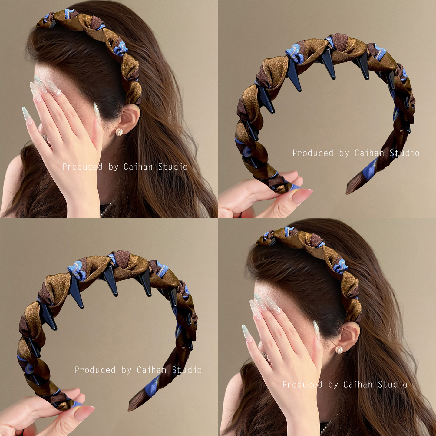 琥珀蓝棕~复古布艺波浪带齿发箍