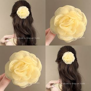 鹅黄袅袅~嫩黄色网纱花朵抓夹超仙鸭嘴夹后脑勺一字夹发圈盘发器