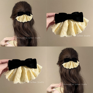 奶油雾黄~甜美丝绒蝴蝶结发夹少女感气质ins风蕾丝裙摆弹簧夹发饰