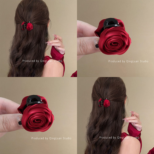 卡罗拉红玫瑰~法式缎面花朵抓夹