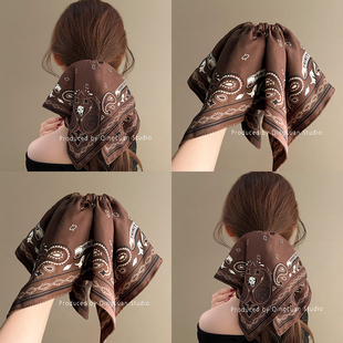 布达佩斯~复古棕腰果花纹方巾发圈慵懒民族风发绳低马尾发饰盘发