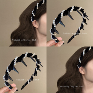 珍珠的法式~丝绒波浪仿珍珠发箍优雅高级感带齿高颅顶头箍盘发器