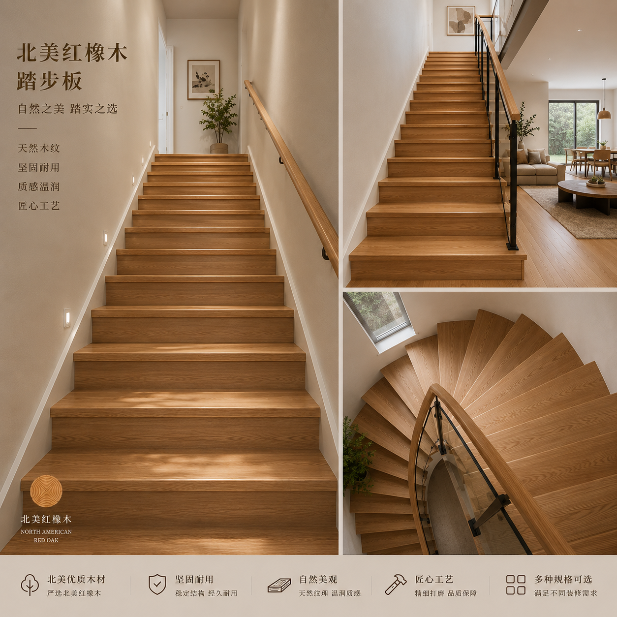 工厂定制北美红橡木楼梯踏步板别墅自建房工程单楼梯踏步扶手平台