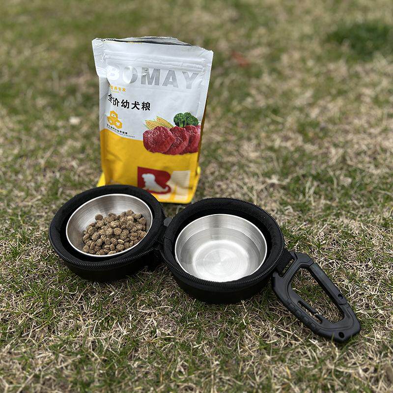 户外露营溜狗便携式猫碗狗盆喝水喂食不锈钢双碗快挂包宠物投喂盒