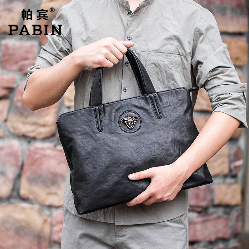 帕宾男士真皮手提包男商务休闲公文包韩版潮时尚单肩斜挎软皮男包
