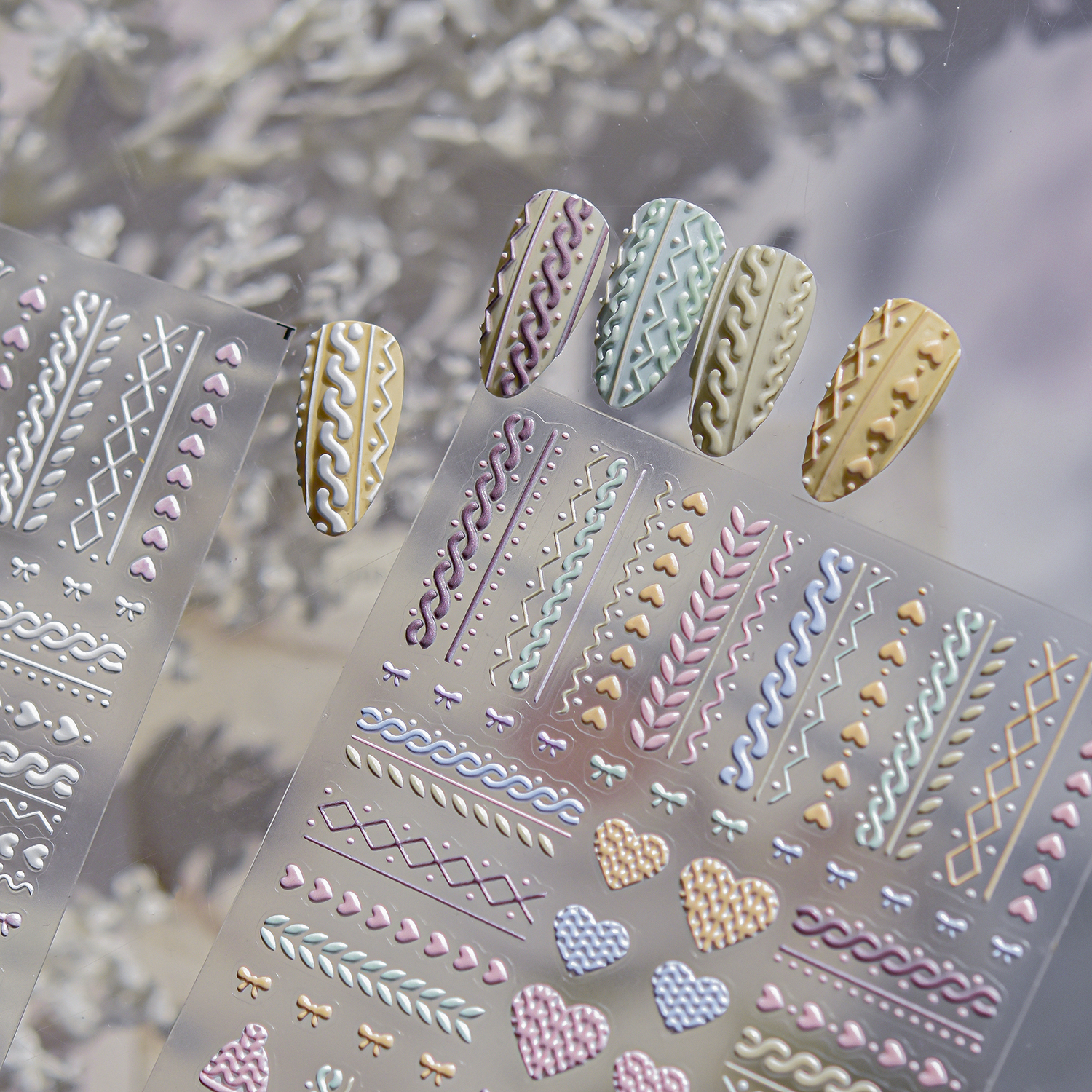 美甲贴纸可爱毛衣纹浮雕彩色粗毛衣爱心蝴蝶结指甲装饰贴冬季爆款