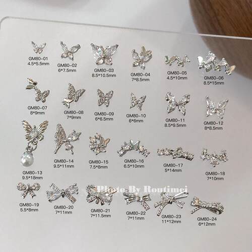 新款美甲饰品高保色锆石镶边款式蝴蝶系列百搭指甲饰品异形蝴蝶结