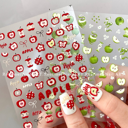美甲贴纸新款可爱青红苹果美甲贴纸平安夜苹果高级烫金立体果冻