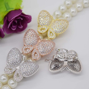 925镀银扣子配件珍珠项链夹扣diy微镶钻隔层蝴蝶卡扣双排固定夹层