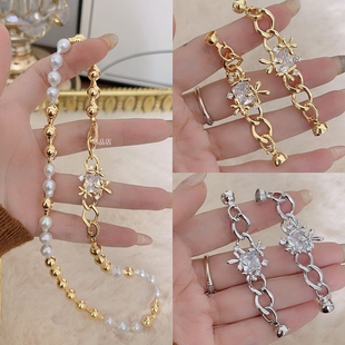 DIY925镀银珍珠项链长款毛衣链单排扣 时尚手链收尾连接搭扣锁扣