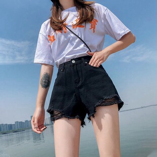 黑色牛仔短裤女装高腰宽松2021夏季新款破洞显瘦毛边阔腿热裤子潮