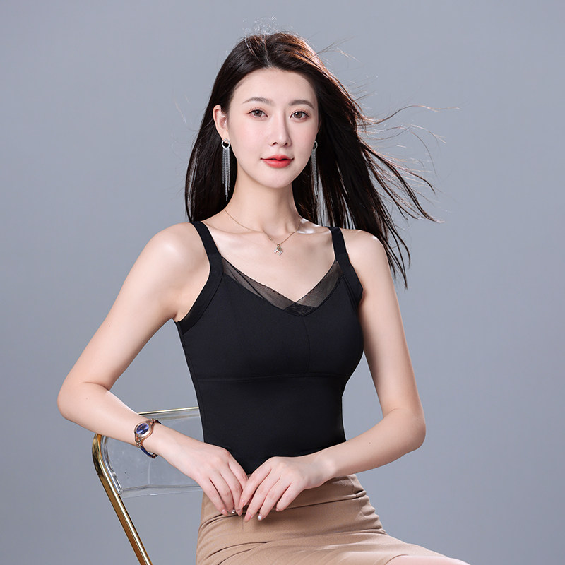夏季纯欲风一体式防走光V领吊带背心女胸垫百搭纯色修身显瘦上衣