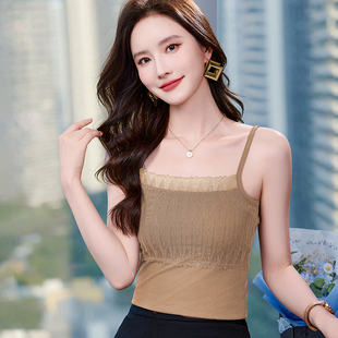 罗纹蕾丝吊带背心女内搭范雪纺打底衫 上衣黑色性感美针织肩带百搭