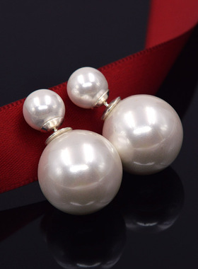 925纯银双面珍珠耳钉女气质百搭耳饰网红前后两戴大小耳环高级感