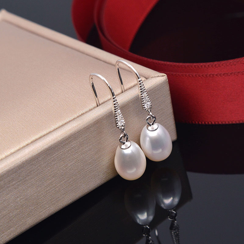 水滴形天然淡水真珍珠耳环女长款简约气质耳钩925纯银防过敏耳坠
