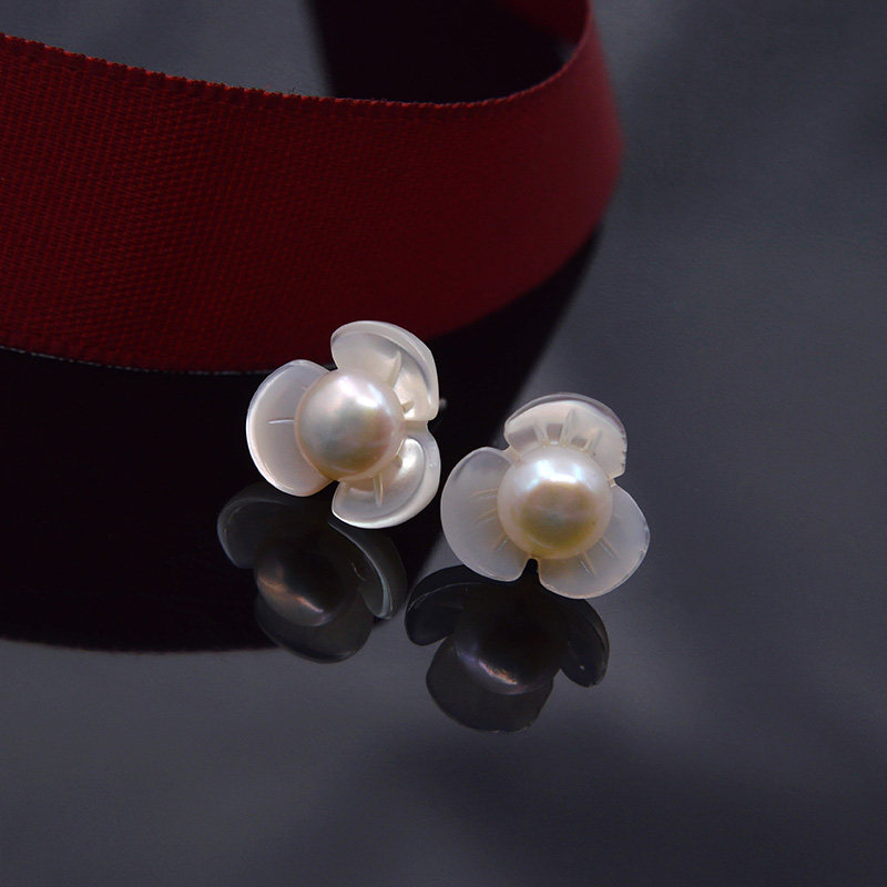 娜恋甜美贝壳花耳环可爱立体花瓣天然淡水珍珠耳钉女纯银耳饰耳坠