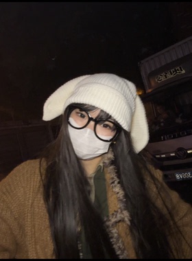 可爱兔子耳朵毛线帽女秋冬保暖针织帽百搭时尚包头帽子街头冷帽