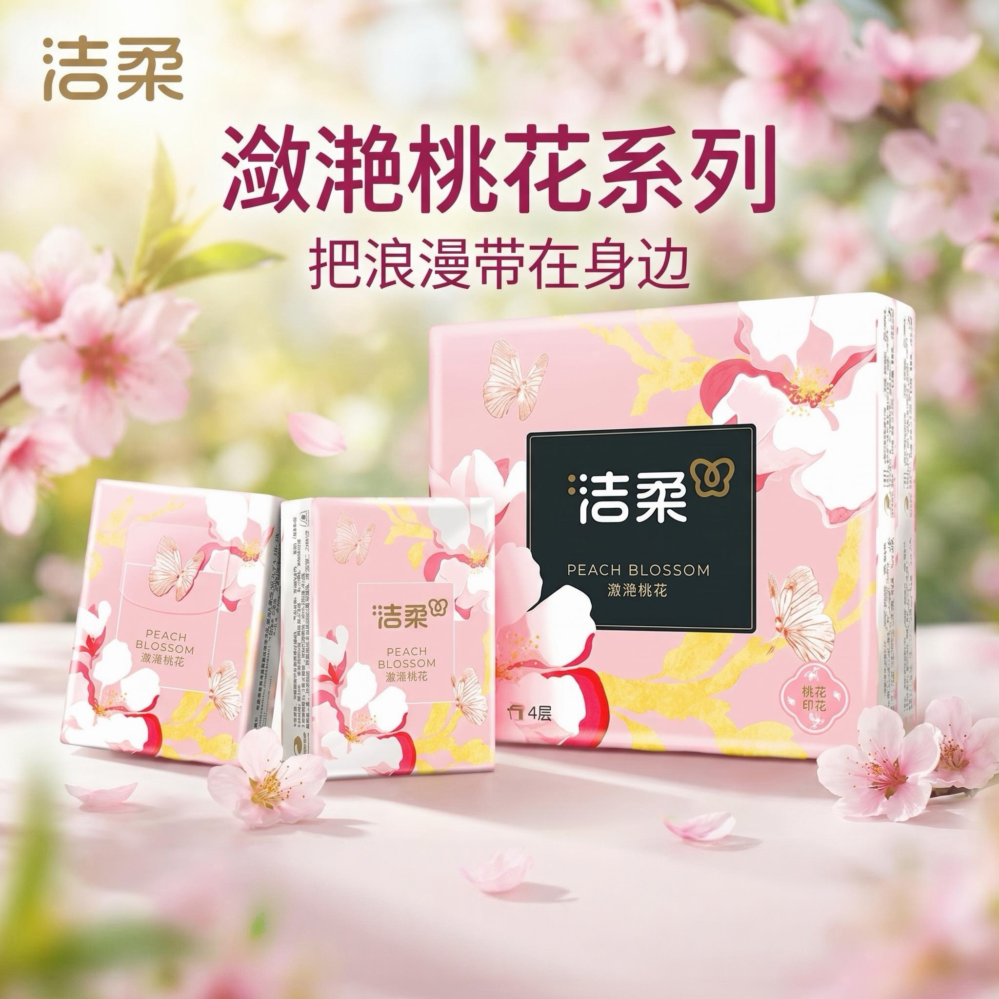 洁柔手帕纸潋滟桃花印花女生小包便携2元包邮小商品
