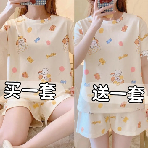 睡衣女夏季薄款学生宿舍卡通甜美短袖短裤两件套装外穿休闲家居服