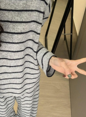 德绒灰色条纹长袖睡衣女秋冬季2026新款简约网红保暖家居服两件套