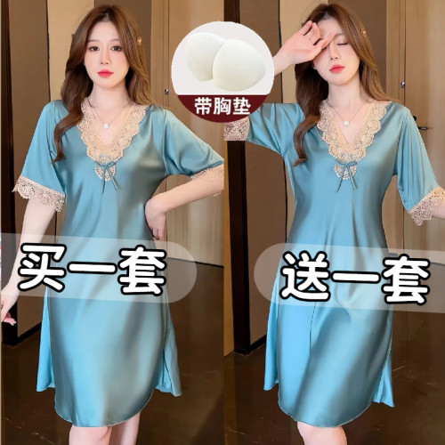 2025新款自带胸垫睡裙女夏季冰丝宽松大码性感短袖蕾丝绣花连衣裙