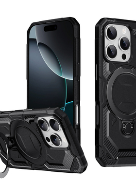 适用于iPhone 16/15/14/13/12/11手机壳16PM车载磁吸X/XR四角防摔678碳纤维纹旋转磁环支架防摔保护套致胜者