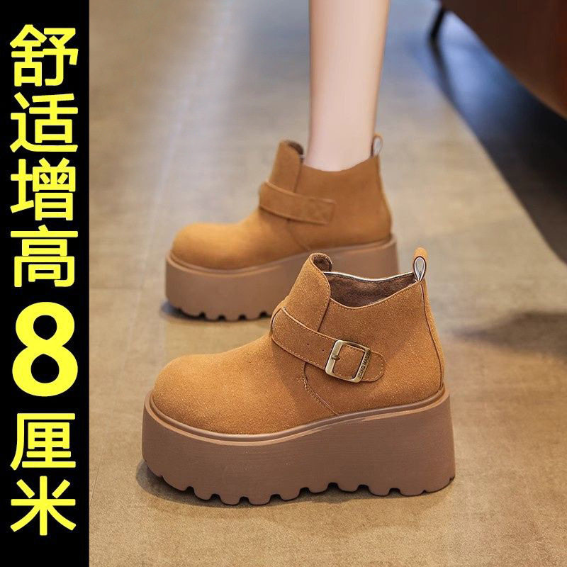 韩国进口厚底增高勃肯鞋短靴女2026冬新款松糕底百搭复古加绒马丁