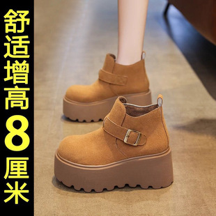 韩国进口厚底增高勃肯鞋短靴女2026冬新款松糕底百搭复古加绒马丁