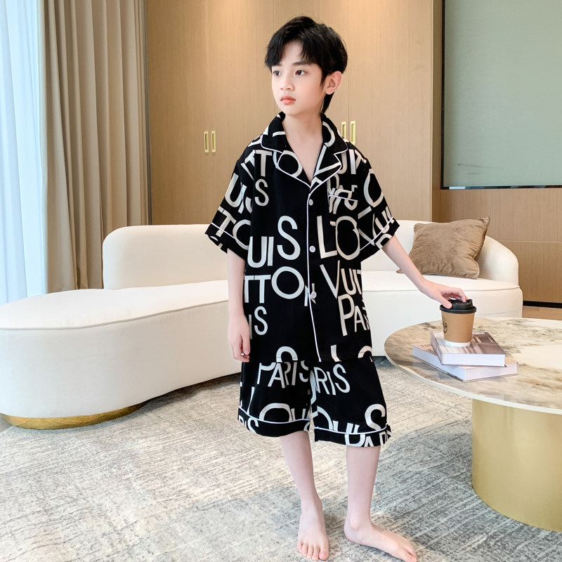 左西官方旗舰店儿童装男童睡衣夏装冰丝短袖套装家居服丝绸中大童