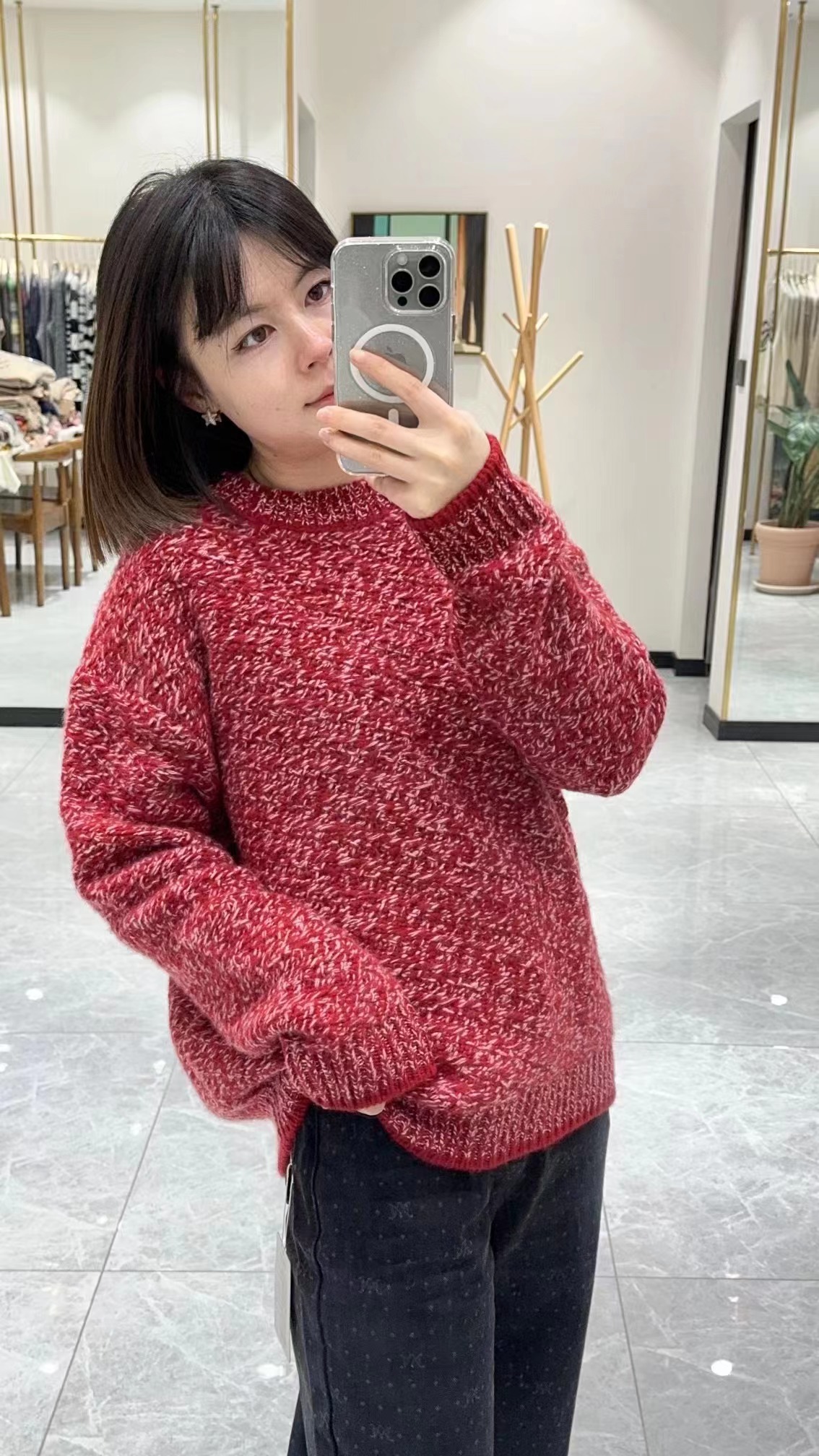 女款红色多股夹花暖色加厚保暖半羊绒衫